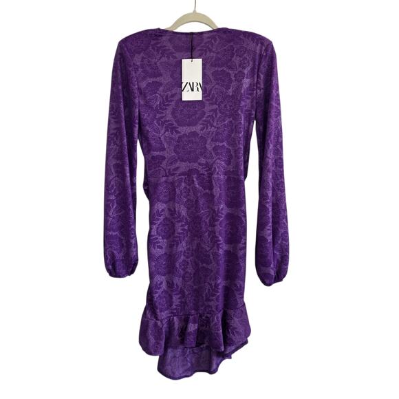 Zara Purple Wrap Front Mini Dress Long Sleeve Floral Embossed Print V-Neck Small - Picture 4 of 13
